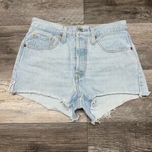 Levis 501 Light Wash Blue Womens 26 Button Fly Raw‎ Hem Cutoff Jean Shorts Jorts
